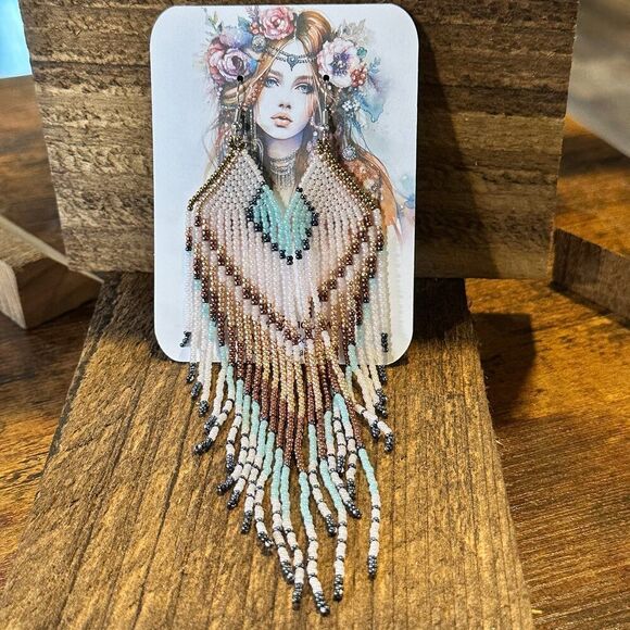 Boho Native American Navajo Seed Bead Dangle Wire Earrings, Turquoise Stone, Gi - Picture 2 of 11